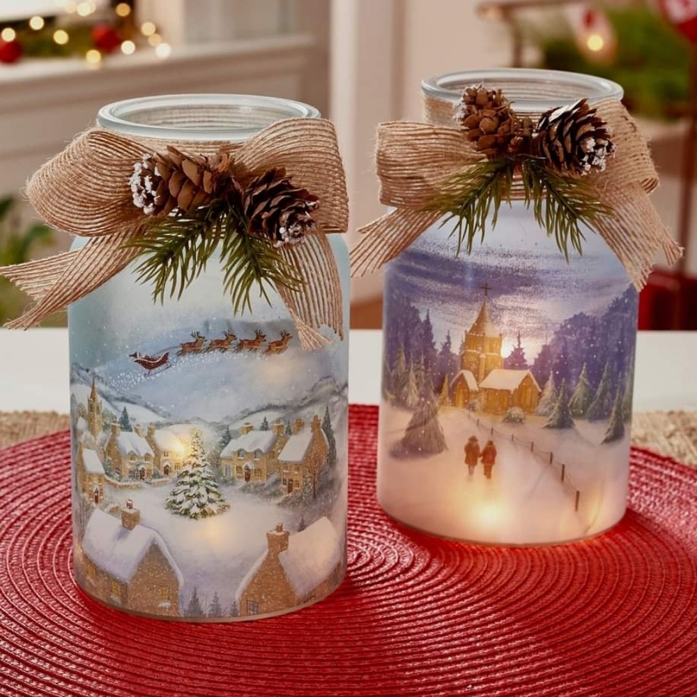 Illuminated Milk Jugs, Set of 2, Winter/Christmas Scenes